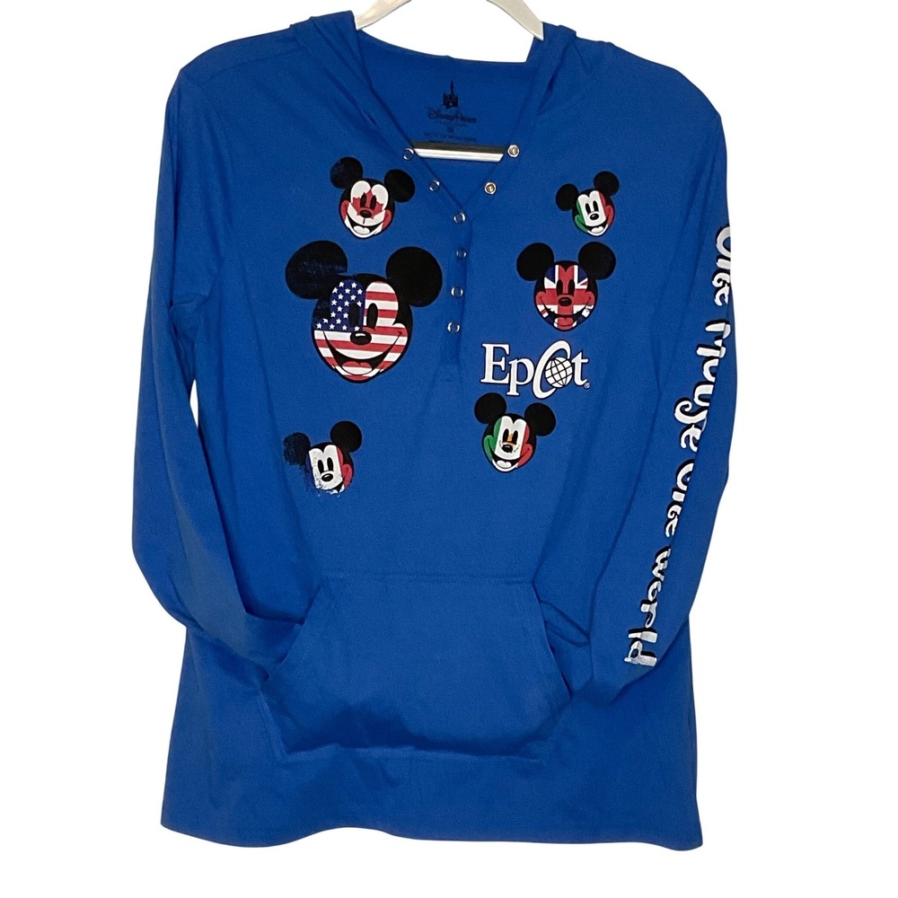 DISNEY PARKS WOMENS EPCOT HOODED LONG SLEEVE PULLOVER MICKEY MOUSE FLAG FACE XXL